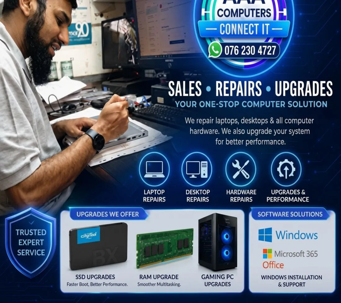 AAA Computers: a technician repairing a laptop at the workbench, alongside the services offered — laptop repairs, desktop repairs, hardware repairs, upgrades and performance, SSD and RAM upgrades, gaming PC upgrades, and Windows and Microsoft 365 installation and support.